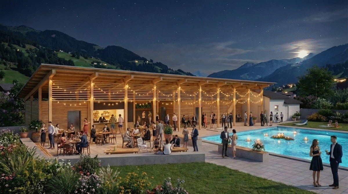 KI Aussenvisualisierung Freibad bei Abendnutzung