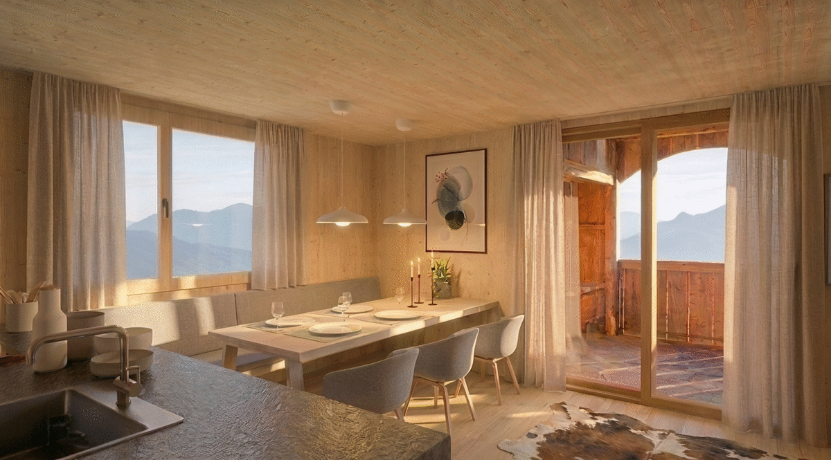 KI-Visualisierung Essbereich mit Aussicht auf Laubengang